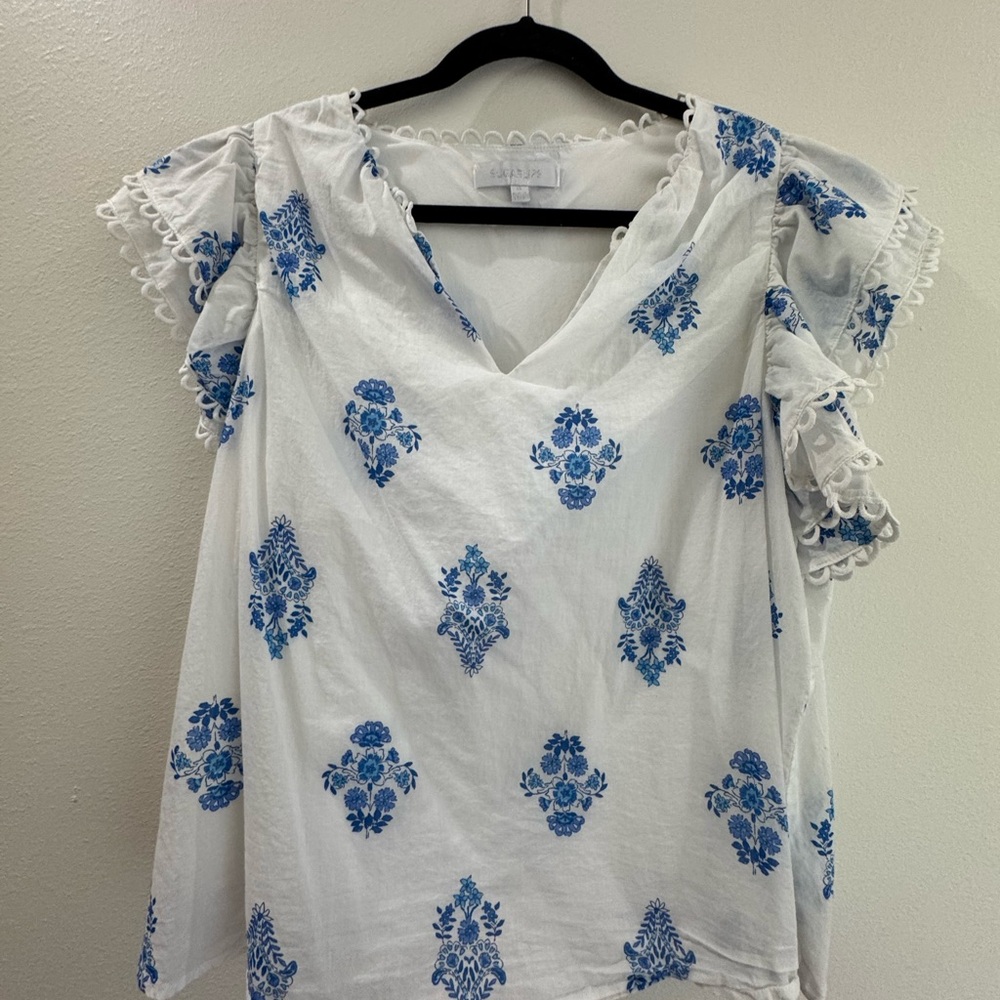 Sugarlips White Blouse with Blue Floral Design